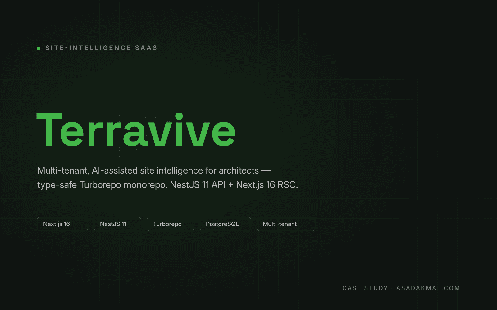 Terravive — Multi-tenant, AI-assisted site-intelligence SaaS for architects, built end-to-end as a type-safe Turborepo monorepo (NestJS 11 API + Next.js 16 RSC admin).